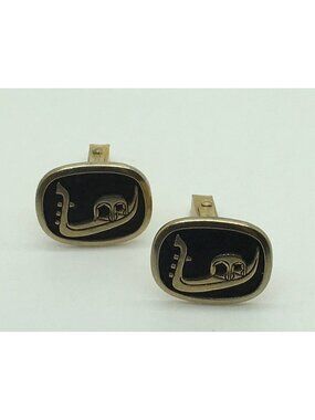 Ancient Ship Egyptian Revival River Nile Boat  Khufu Cufflinks Black Gold Tone